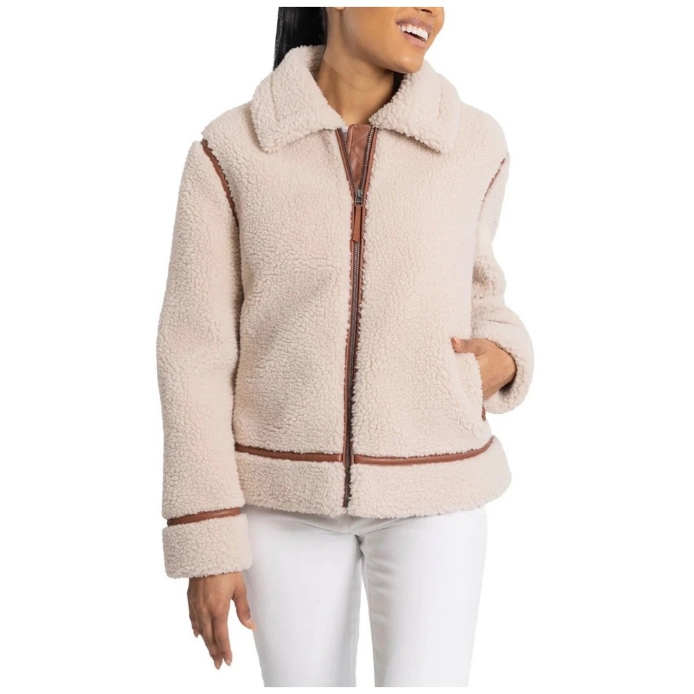 Bearpaw Sherpa Aviator Jacket Women Large Cream New Faux Leather Trim Teddy Coat